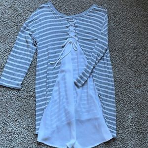 Olivia Sky 3/4 sleeve shirt, gray/white stripes with tie feature on back